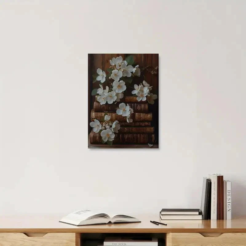 Beautiful Wildflower & Botanical Book Stack Painting 40x60cm Metal Print Ready to Hang