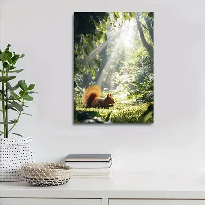 Enchanting Squirrel in Jungle Sunlight Painting 40x60cm Metal Print Ready to Hang