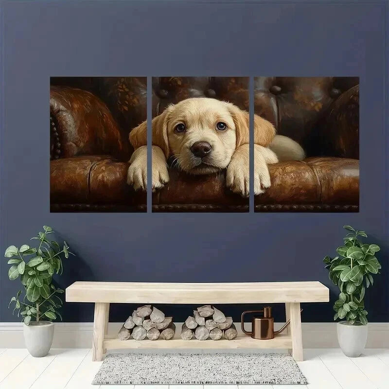 3pcs Adorable Puppy on Couch Decoration Wall Art Set Canvas Framed 40x60cm - High Quality Print 100% Australian Made Wall Canvas Ready to Hang