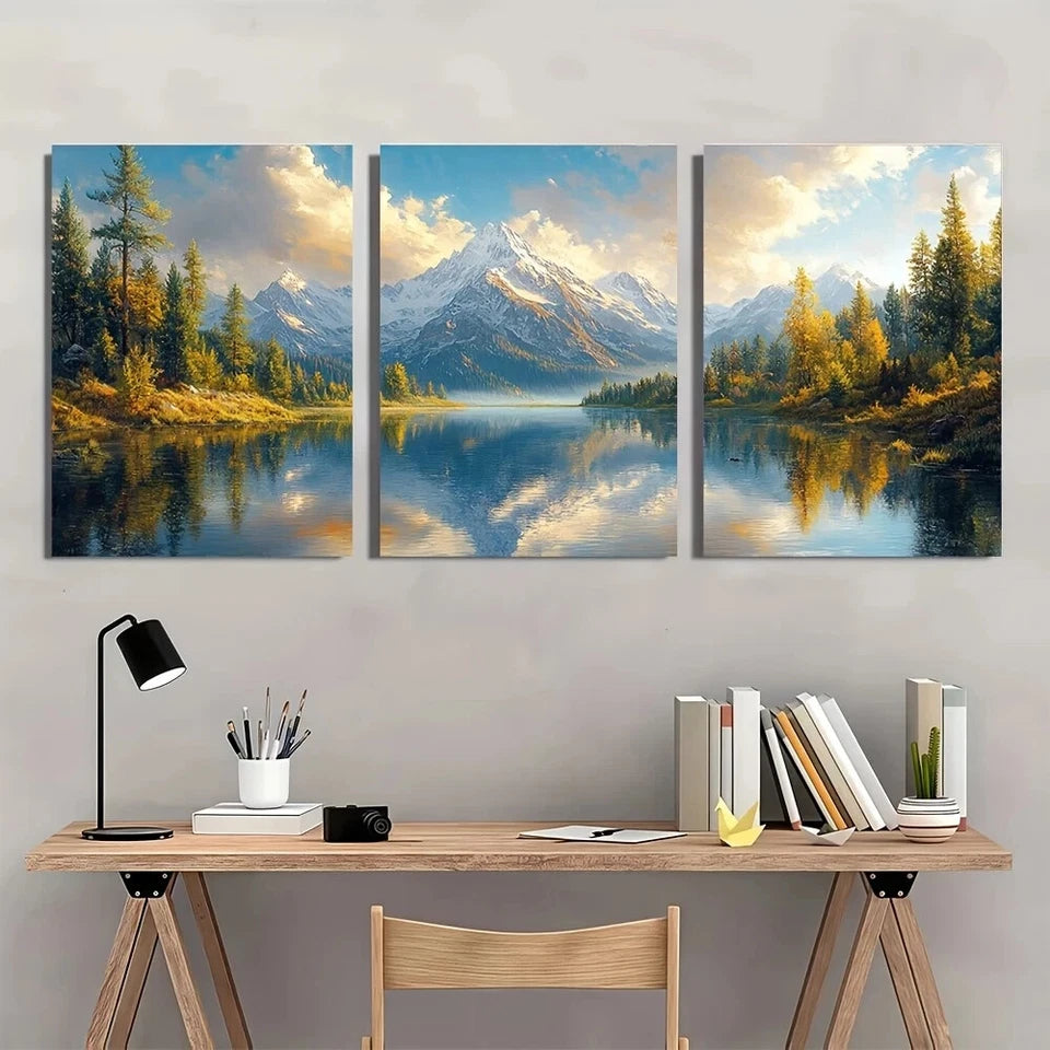 3pcs Trees & Snow Capped Peaks Mountain Lake Metal Print Ready to Hang Art