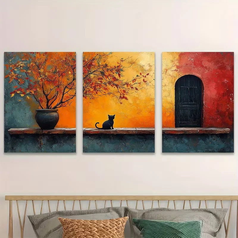 3pcs Whimsical Cats, Colorful Dusk Scene Metal Print Ready to Hang Art
