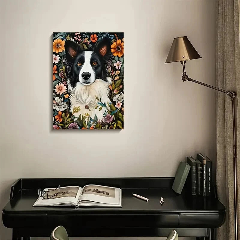 Charming Border Collie Dog with Vibrant Floral Design 40x60cm Metal Print Ready to Hang