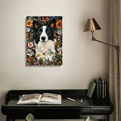 Charming Border Collie Dog with Vibrant Floral Design 40x60cm Metal Print Ready to Hang