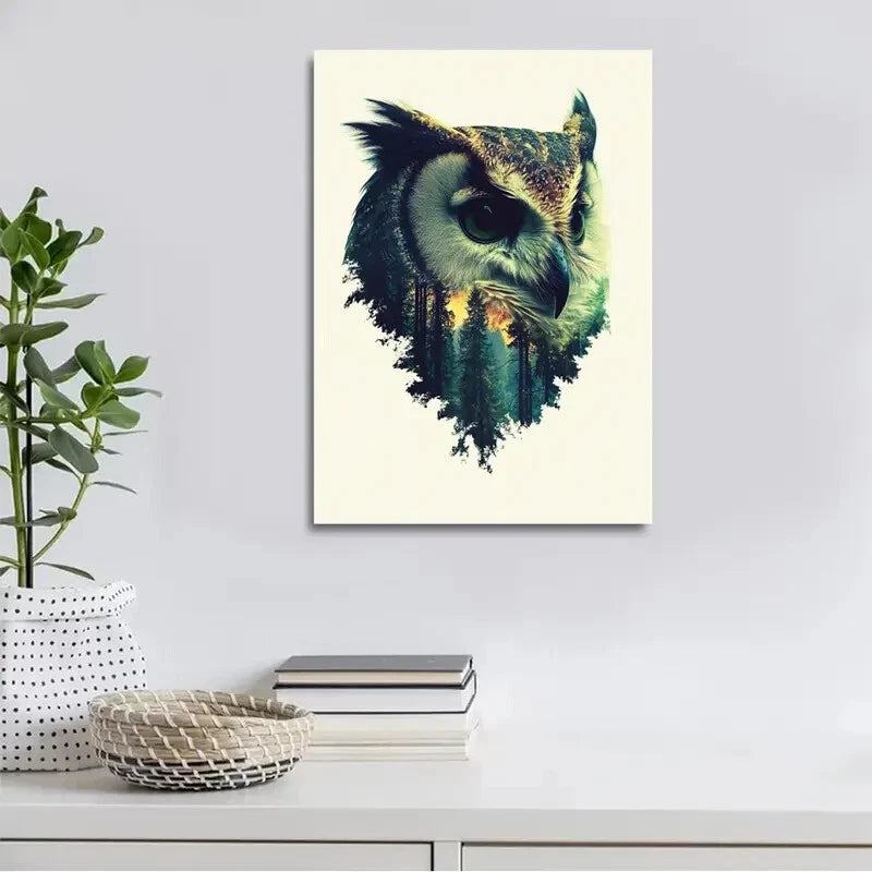 Abstract Art Vintage Forest Owl Painting  40x60cm Metal Print Ready to Hang