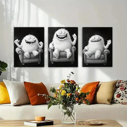 3pcs Funny Monster Playful Black & White Wall Art Canvas Unframed - High Quality Print 100% Australian Made Wall Canvas