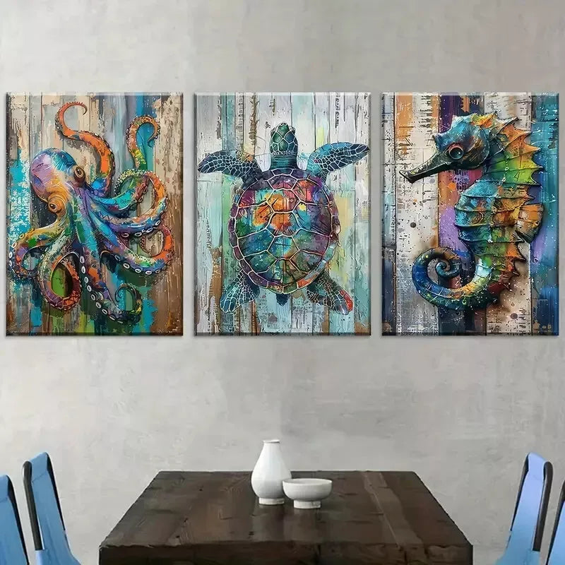3pcs Classic Modern Abstract Ocean Animal Wall Art Set Canvas Framed 40x60cm - High Quality Print 100% Australian Made Wall Canvas Ready to Hang