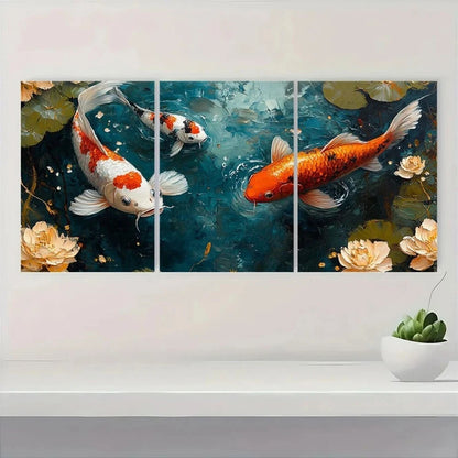 3pcs Koi Fish Painting Pond Abstract Metal Print Ready to Hang Art