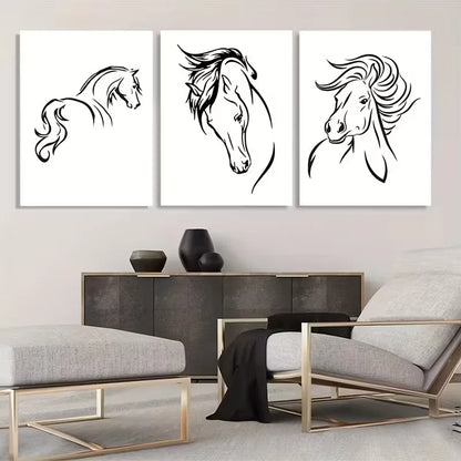 3pcs Black and White Horse Line Art  Wall Art Set Canvas Framed 40x60cm - High Quality Print 100% Australian Made Wall Canvas Ready to Hang