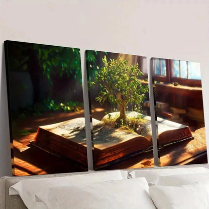3pcs Knowledge Tree Growing Out of a Book Wall Art Set Canvas Framed 40x60cm - High Quality Print 100% Australian Made Wall Canvas Ready to Hang