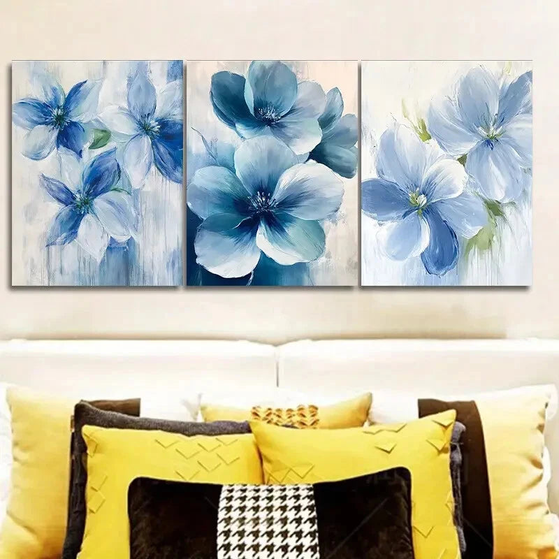 3pcs Blue Flowers Painting Luxurious Metal Print Ready to Hang Art