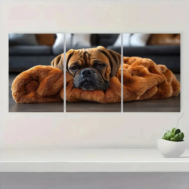 3pcs Cute Boxer Dog in Cozy Blanket Metal Print Ready to Hang Art