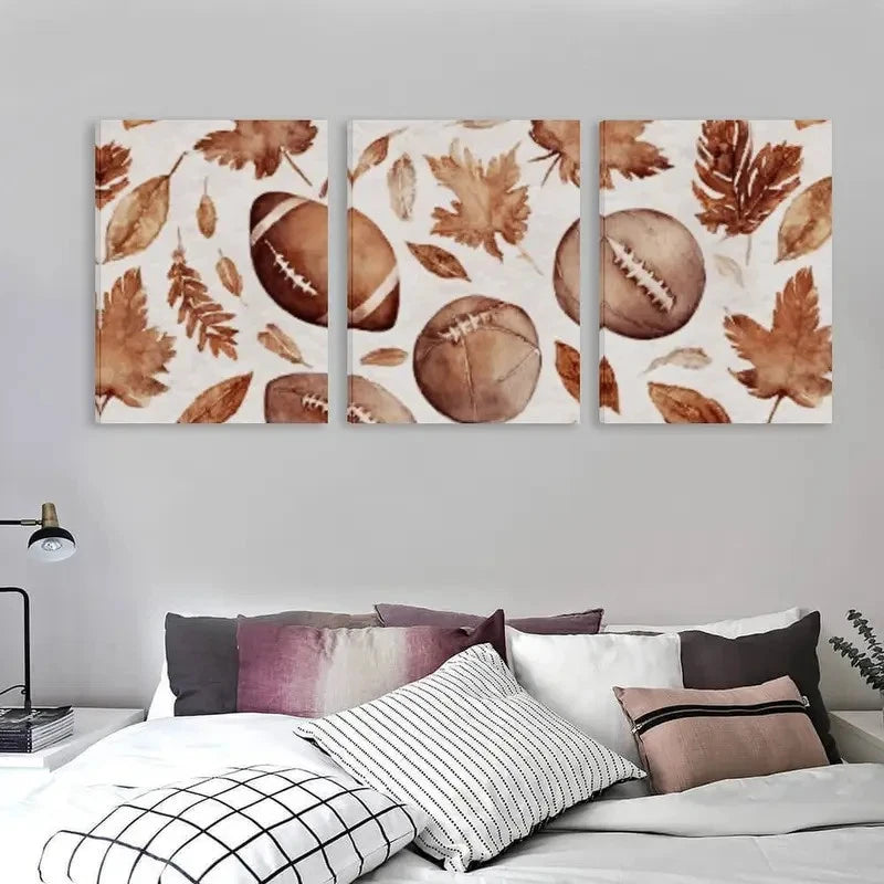 3pcs American Sports Football & Autumn Leaves Wall Art Set Canvas Framed 40x60cm - High Quality Print 100% Australian Made Wall Canvas Ready to Hang