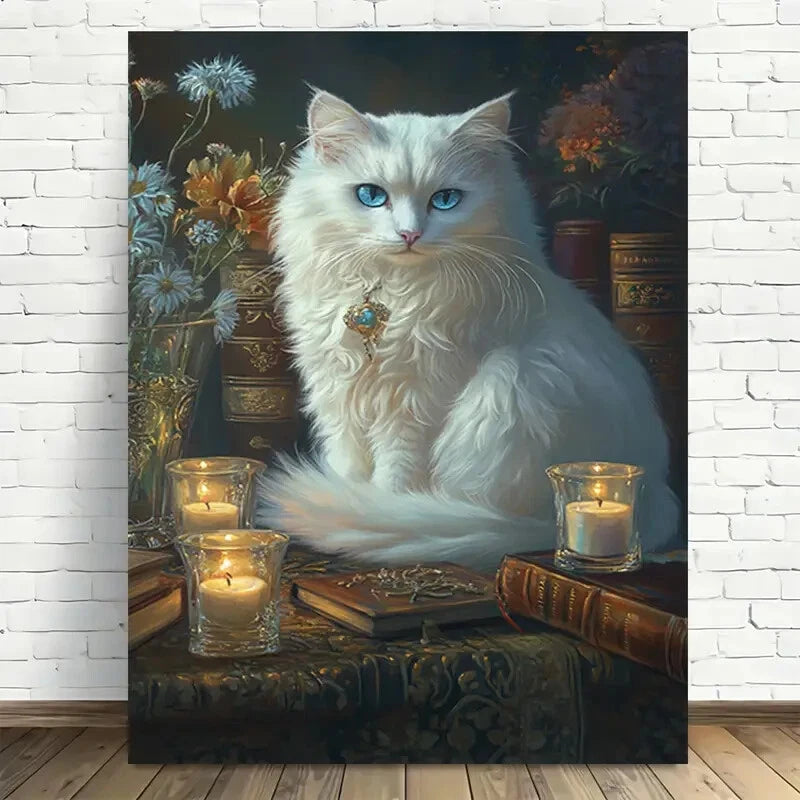 Beautiful Elegant White Cat with Blue Eyes Painting 40x60cm Metal Print Ready to Hang