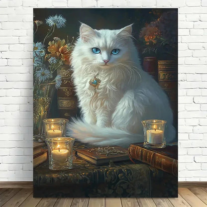 Beautiful Elegant White Cat with Blue Eyes Painting 40x60cm Metal Print Ready to Hang