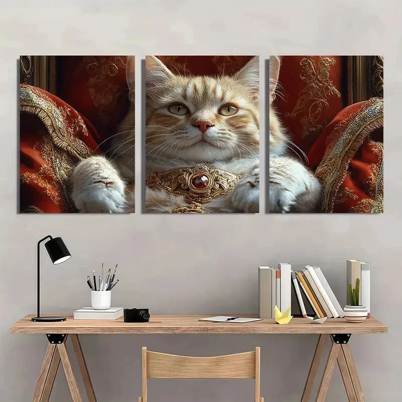 3pcs Royal Cat Luxurious Golden & Red Metal Print Ready to Hang Art