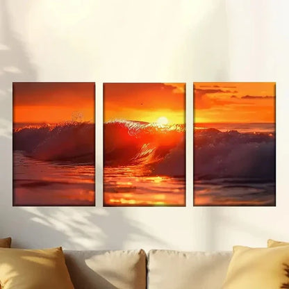 3pcs Red Waves at Dusk Wall Art Canvas Unframed - High Quality Print 100% Australian Made Wall Canvas
