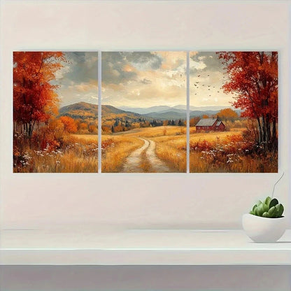3pcs Rustic Farmhouse Meadow Autumn Scenery Metal Print Ready to Hang Art