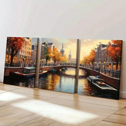 3pcs Autumn Canal Bridge Architecture Wall Art Set Canvas Framed 40x60cm - High Quality Print 100% Australian Made Wall Canvas Ready to Hang