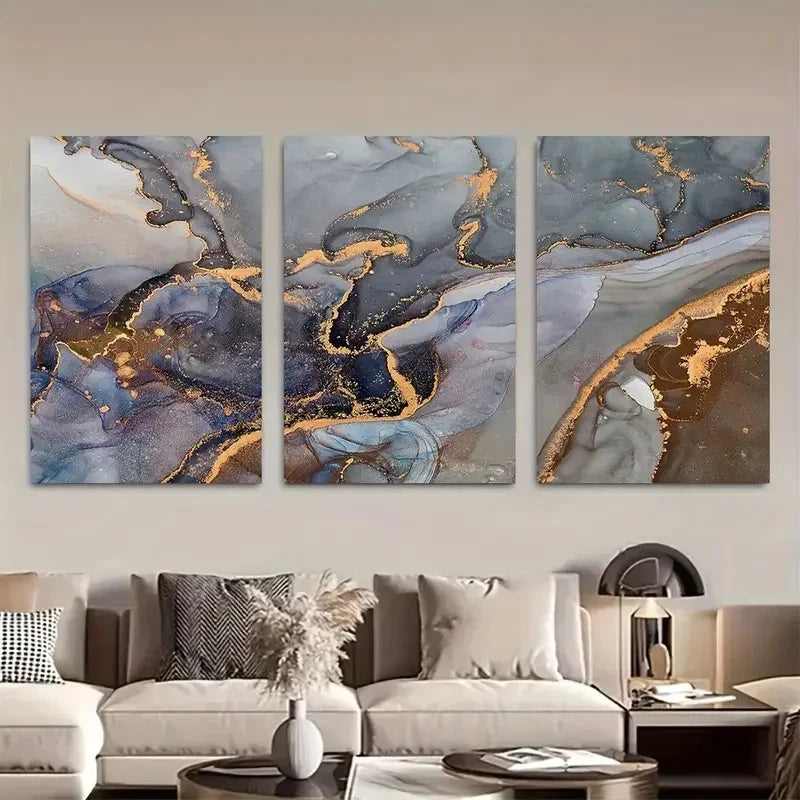 3pcs Stylish Gray and Bronze Stone Metal Print Ready to Hang Art