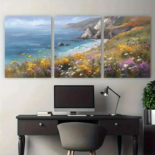 3pcs Coastal Landscape Wildflower Meadow Perfect Wall Art Set Canvas Framed 60x90cm - High Quality Print 100% Australian Made Wall Canvas Ready to Hang