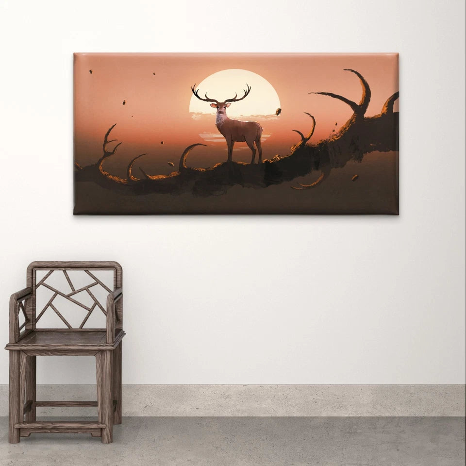Deer With Tree at Sunset Wildlife Wall Art Canvas Office Home Framed 120x60cm