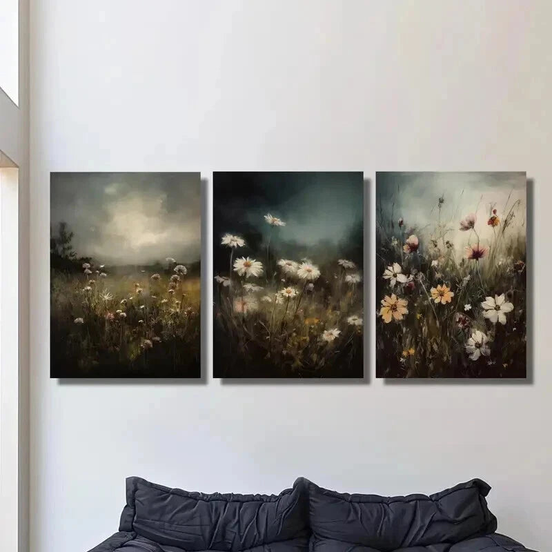 3pcs Dark Background & Floral Landscape Wall Art Set Canvas Framed 40x60cm - High Quality Print 100% Australian Made Wall Canvas Ready to Hang