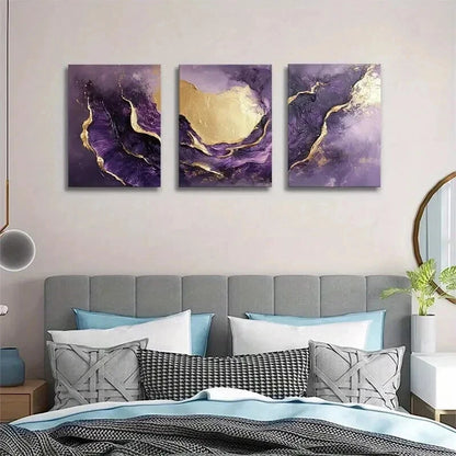 3pcs Purple and Golden Abstract Fluid Wall Art Set Canvas Framed 40x60cm - High Quality Print 100% Australian Made Wall Canvas Ready to Hang