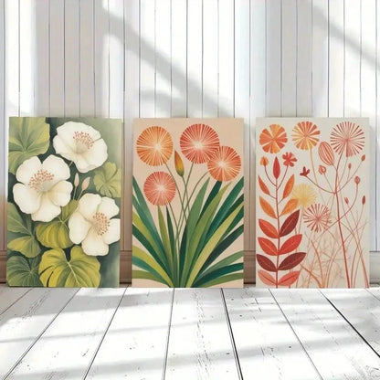 3pcs White Flowers Orange Flowers Green Leaves Metal Print Ready to Hang Art