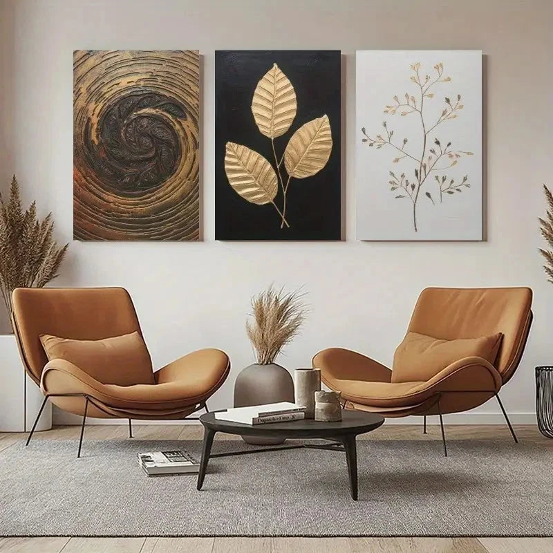 3pcs A Triptych Featuring Golden Patterns Metal Print Ready to Hang Art