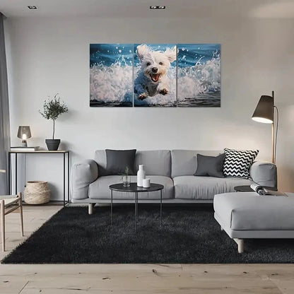 3pcs Adorable White Dog Running in Water Metal Print Ready to Hang Art
