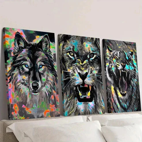 3pcs Wolf Lion and Tiger Head Portraits Wall Art Canvas Unframed - High Quality Print 100% Australian Made Wall Canvas