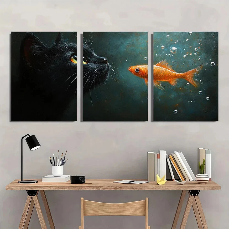3pcs Black Cat & Golden Fish Golden Eyes Metal Print Ready to Hang Art