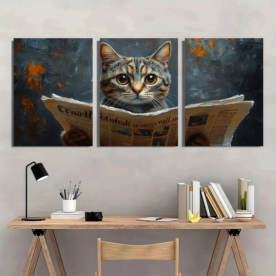 3pcs Cat on Toilet Reading Newspaper Metal Print Ready to Hang Art