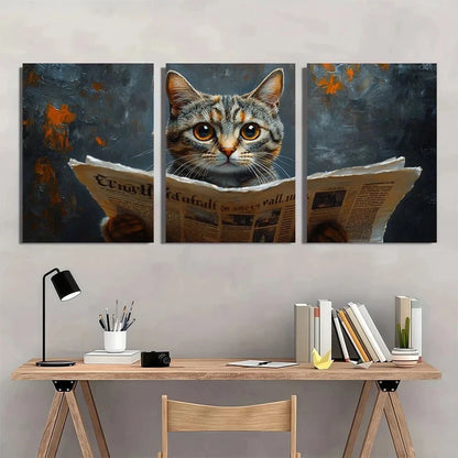 3pcs Cat on Toilet Reading Newspaper Metal Print Ready to Hang Art