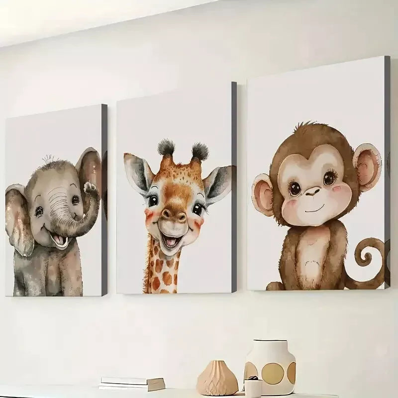 3pcs Modern Style Cute Smiling Animal Abstract Wall Art Set Canvas Framed 50x70cm - High Quality Print 100% Australian Made Wall Canvas Ready to Hang - Bella Home Decor