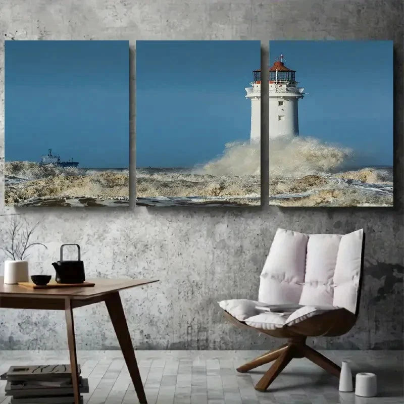 3pcs Lighthouse and Waves Coastal Metal Print Ready to Hang Art