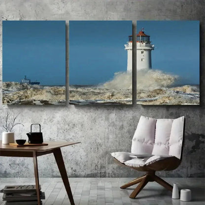 3pcs Lighthouse and Waves Coastal Metal Print Ready to Hang Art