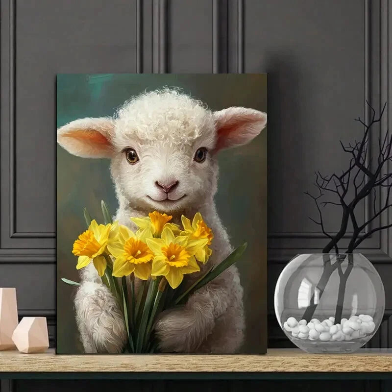 Cute Baby Lamb Holding Daffodils Painting  40x60cm Metal Print Ready to Hang