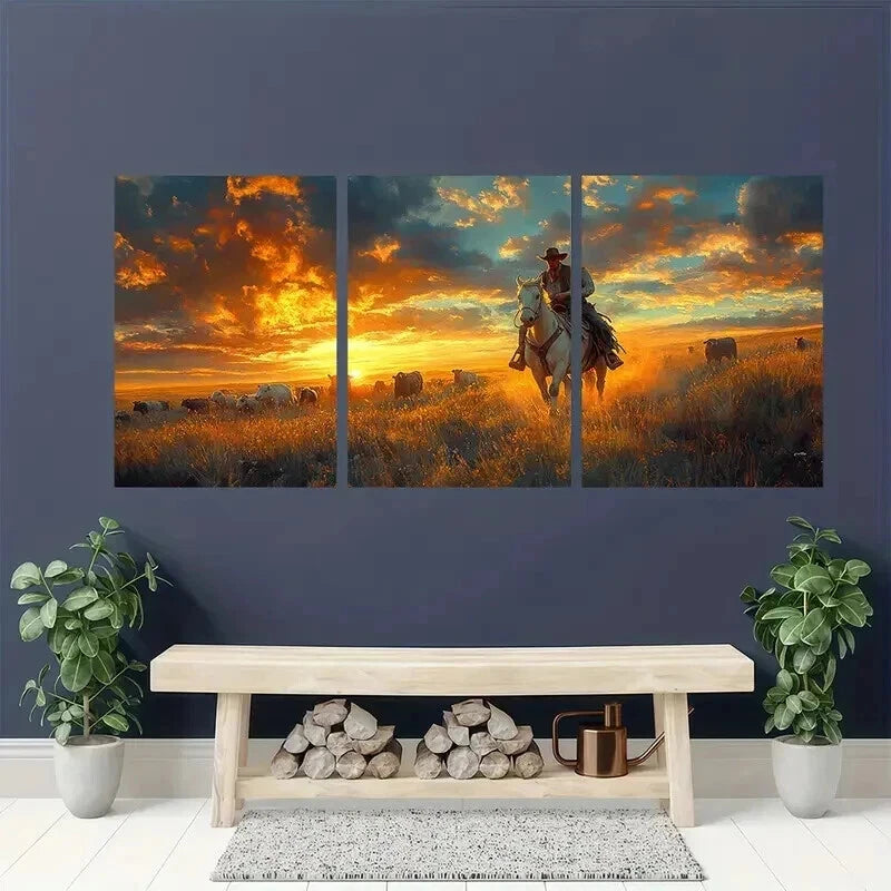 3pcs Vibrant Sunset Prairie Scene with a Cowboy Wall Art Set Canvas Framed 40x60cm - High Quality Print 100% Australian Made Wall Canvas Ready to Hang