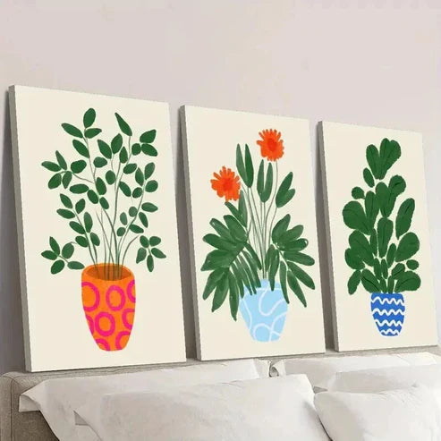 3pcs Tropical Plant Illustrations in Pots Wall Art Set Canvas Unframed - High Quality Print 100% Australian Made Wall Canvas