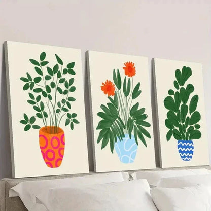 3pcs Tropical Plant Illustrations in Pots Wall Art Set Canvas Unframed - High Quality Print 100% Australian Made Wall Canvas
