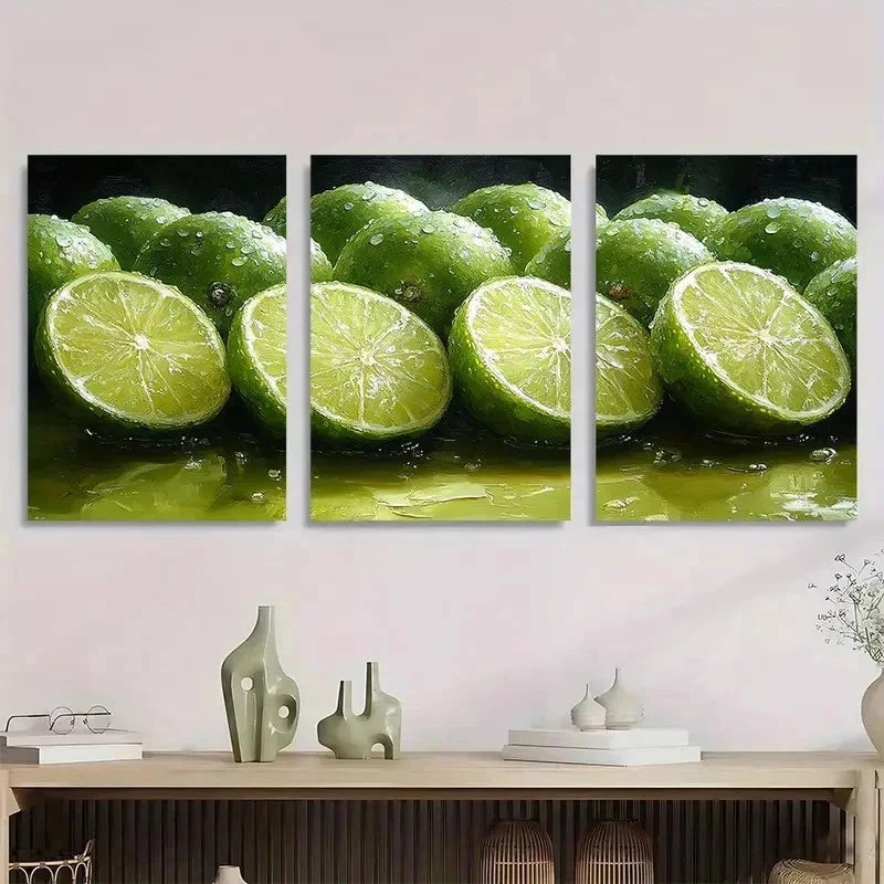 3pcs Lime Slices Realistic Fruit Décor Perfect Wall Art Set Canvas Framed 40x60cm - High Quality Print 100% Australian Made Wall Canvas Ready to Hang