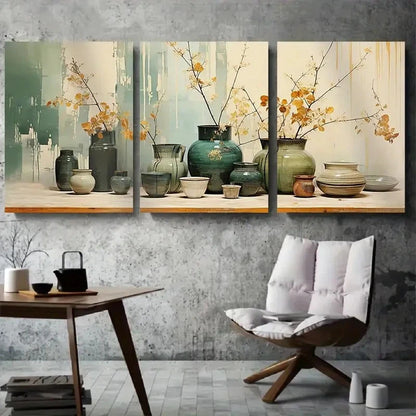 3pcs Ceramic Vases with Flower Branches Metal Print Ready to Hang Art