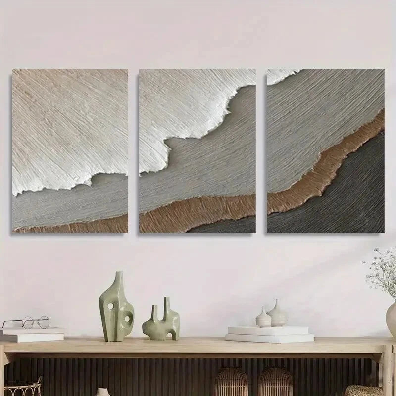 3pcs Soft Earth Tone Textured Designs Perfect Wall Art Set Canvas Framed 40x60cm - High Quality Print 100% Australian Made Wall Canvas Ready to Hang