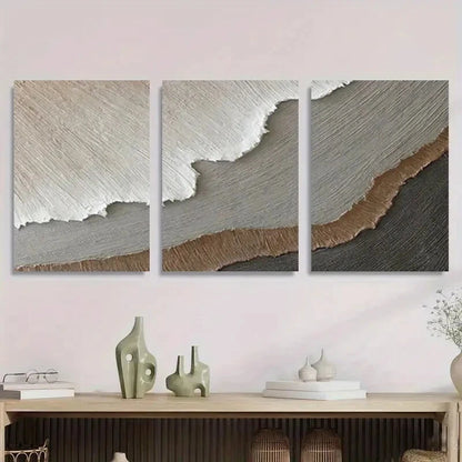 3pcs Soft Earth Tone Textured Designs Perfect Wall Art Set Canvas Framed 40x60cm - High Quality Print 100% Australian Made Wall Canvas Ready to Hang