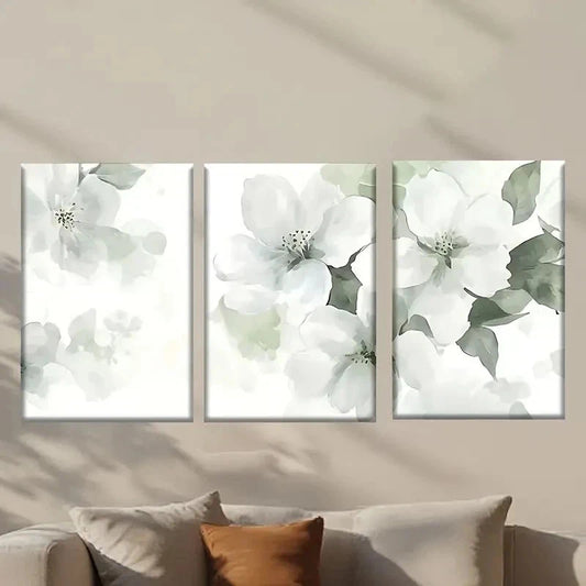 3pcs White Flower with Green Leaves Wall Art Set Canvas Framed 40x60cm - High Quality Print 100% Australian Made Wall Canvas Ready to Hang