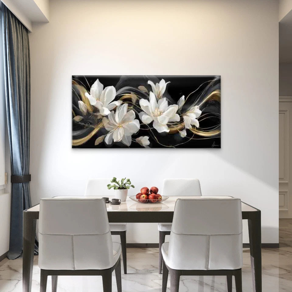 White & Golden Leaf Flower Wall Art Canvas Office Home Room Framed 120x60cm