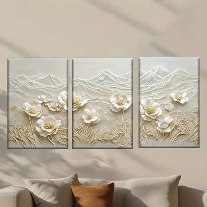3pcs Abstract White Flowers and Mountains Wall Art Set Canvas Framed 40x60cm - High Quality Print 100% Australian Made Wall Canvas Ready to Hang