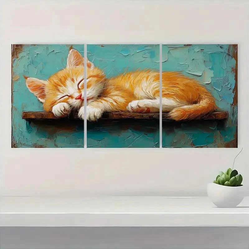 3pcs Orange Kitten Stretching Animal Perfect Wall Art Set Canvas Framed 40x60cm - High Quality Print 100% Australian Made Wall Canvas Ready to Hang