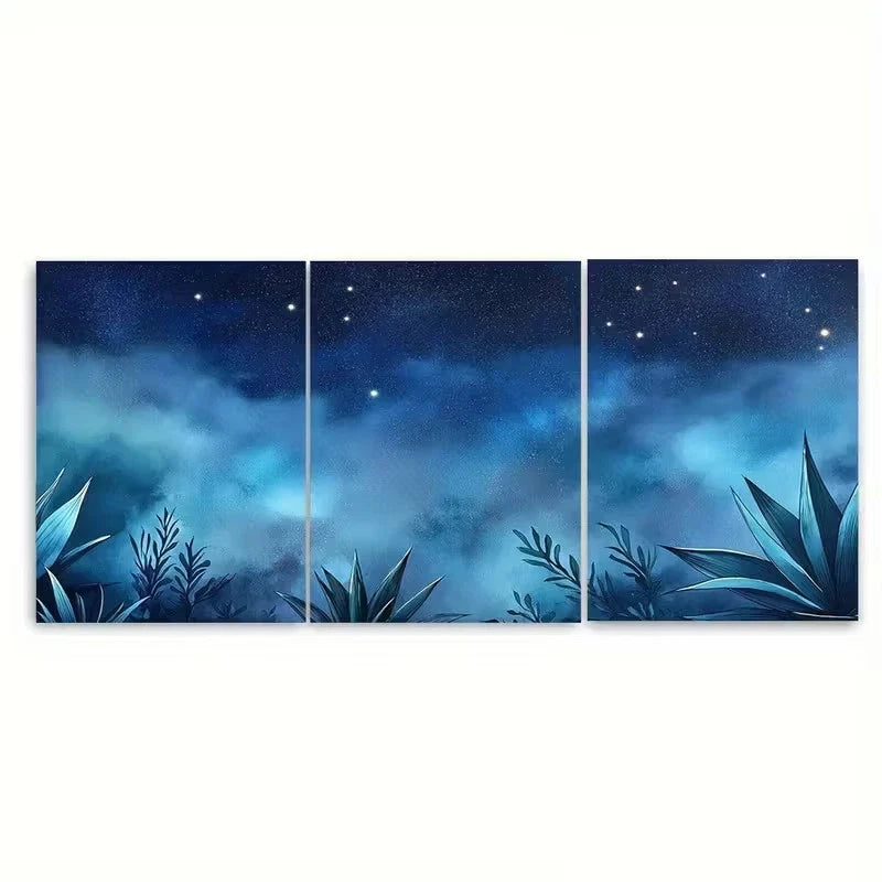 3pcs Agave Plants Under Starlit Sky Wall Art Set Canvas Framed 50x70cm - High Quality Print 100% Australian Made Wall Canvas Ready to Hang